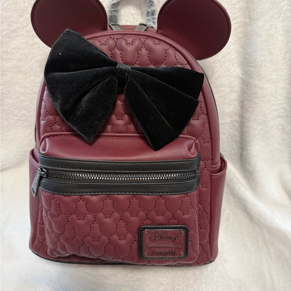 Minnie Mouse Maroon Quilted Loungefly Mini Backpack with Black Bow
